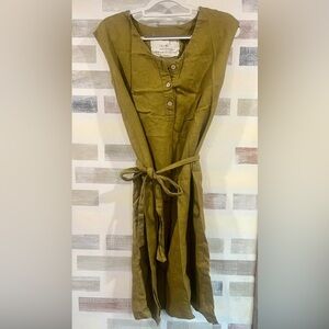 notPERFECTLINEN Copenhagen Olive Green Strapless Linen Dress with Tie Waist